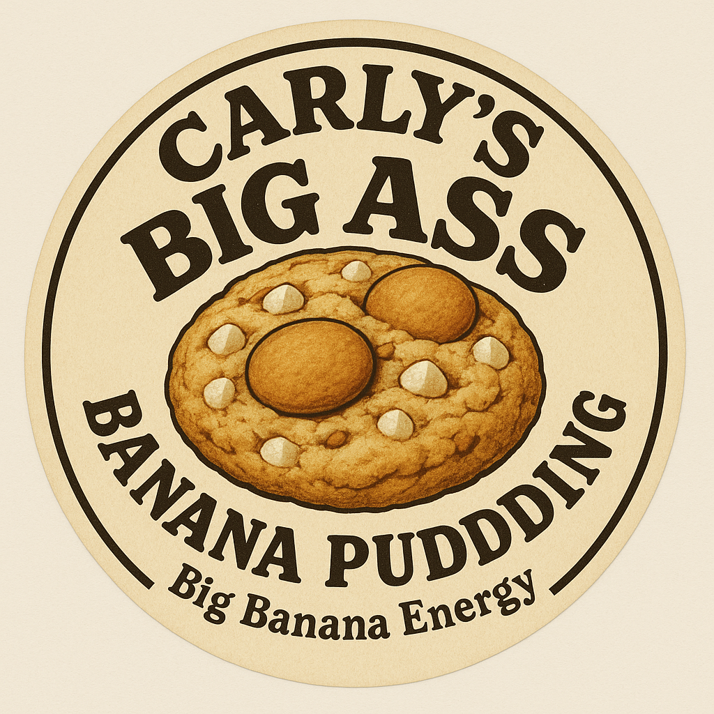 Circular logo design for Carly's Big Ass Banana Pudding with an illustrated cookie and the text 'Big Banana Energy' on a beige background.