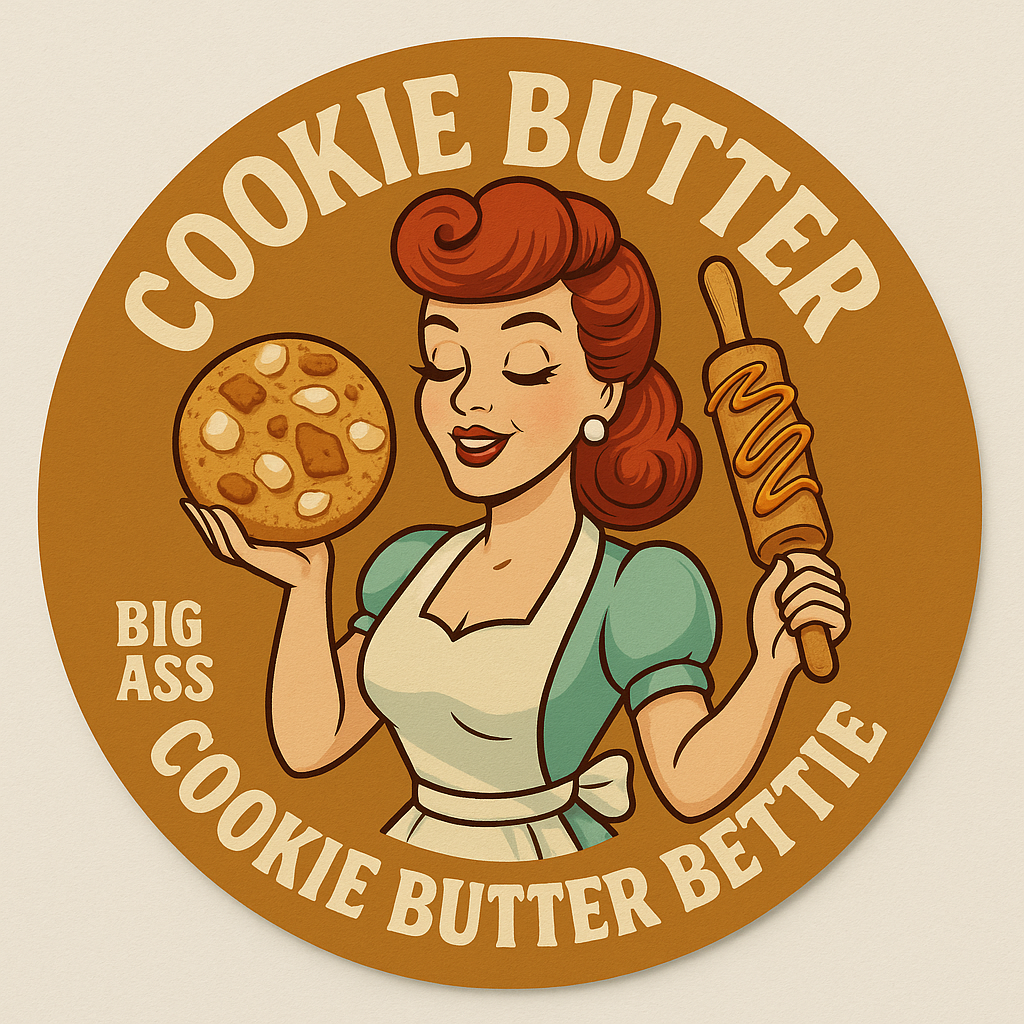 Logo illustration of Cookie Butter Bettie holding a cookie and rolling pin, with text "BIG ASS COOKIE BUTTER BETTIE"